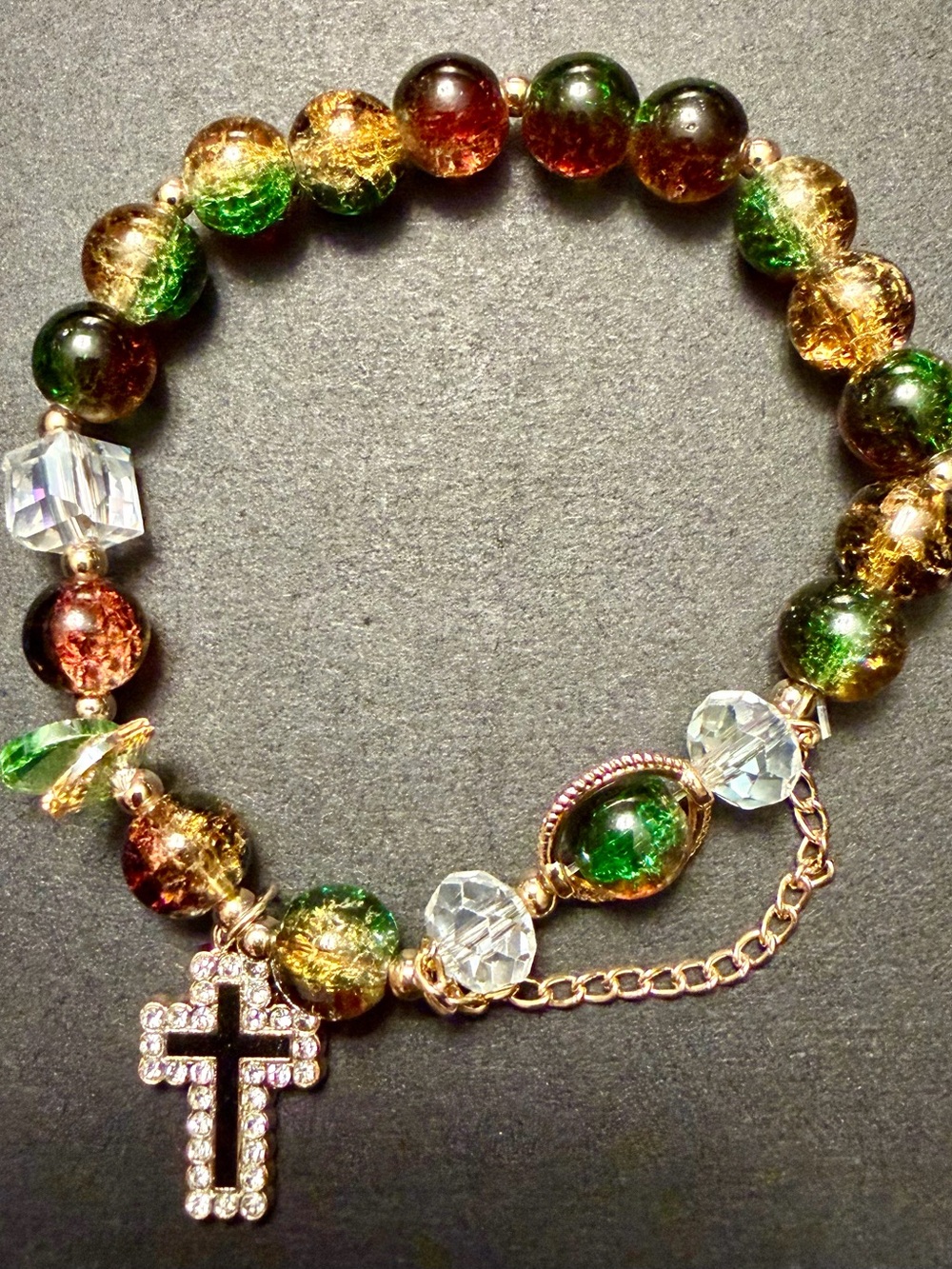 Multicolor Glass Bead Bracelet Set with Crystal Cross Charms - Picture 2 of 3